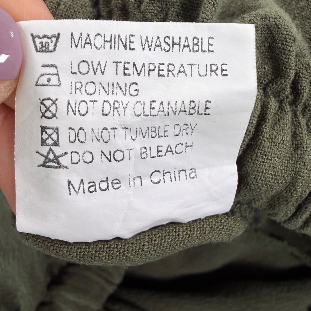 Women Linen Blend Wide Leg Pants Olive Green Drawstring Elastic Waist Casual XL - Picture 11 of 11